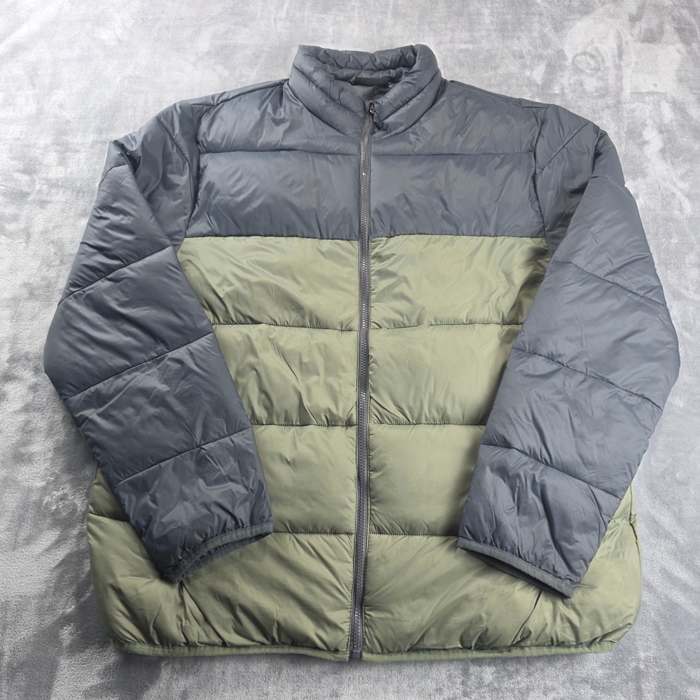 Swiss Tech Puffer Down Jacket Mens XL Green Grey Colorblock Quilted Full Zip